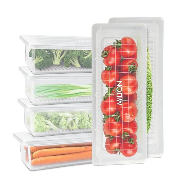 MILTON-Cryo Fridge Storage Boxes Set of 6 Fridge Organizer Container with Waterproof Vinyl Stickers & Removable Drain Plate, Lid, Stackable Box, Plastic Containers 1500 ml, Transparent