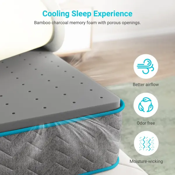 Overstock-14" Hybrid Mattress – Bamboo Charcoal Gel Memory Foam & 7-Zone Pocket Coil Support, Medium Firm, 100-Night Trial