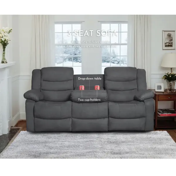Overstock-Modern 3-Piece Manual Reclining Living Room Sofa Set with Dropdown Table and Console