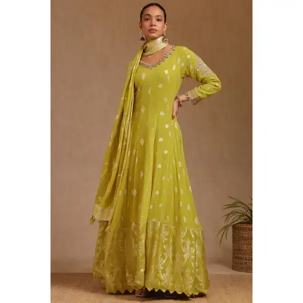 SEASONS-MUSTARD YELLOW CLASSIC GOWN SET WITH ALL OVER MULTI COLOURED THREAD WORK PAIRED WITH A MATCHING DUPATTA AND GOLD SEQUIN DETAILS.