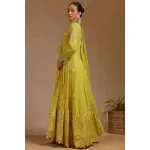 SEASONS-MUSTARD YELLOW CLASSIC GOWN SET WITH ALL OVER MULTI COLOURED THREAD WORK PAIRED WITH A MATCHING DUPATTA AND GOLD SEQUIN DETAILS.