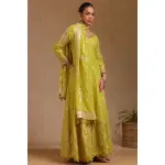SEASONS-MUSTARD YELLOW CLASSIC GOWN SET WITH ALL OVER MULTI COLOURED THREAD WORK PAIRED WITH A MATCHING DUPATTA AND GOLD SEQUIN DETAILS.