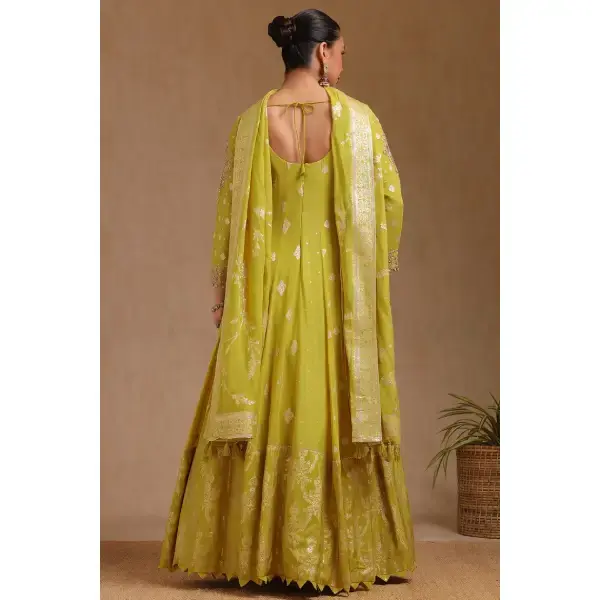 SEASONS-MUSTARD YELLOW CLASSIC GOWN SET WITH ALL OVER MULTI COLOURED THREAD WORK PAIRED WITH A MATCHING DUPATTA AND GOLD SEQUIN DETAILS.