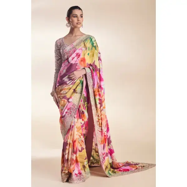 SEASONS-WINE PURPLE MULTI COLOURED PRINTED CLASSIC SAREE SET PAIRED WITH A ZARI EMBROIDERED PINK BLOUSE AND BORDER WITH SILVER AND SEQUINNED EMBELLISHMENTS.