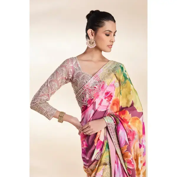 SEASONS-WINE PURPLE MULTI COLOURED PRINTED CLASSIC SAREE SET PAIRED WITH A ZARI EMBROIDERED PINK BLOUSE AND BORDER WITH SILVER AND SEQUINNED EMBELLISHMENTS.