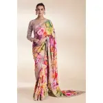 SEASONS-WINE PURPLE MULTI COLOURED PRINTED CLASSIC SAREE SET PAIRED WITH A ZARI EMBROIDERED PINK BLOUSE AND BORDER WITH SILVER AND SEQUINNED EMBELLISHMENTS.