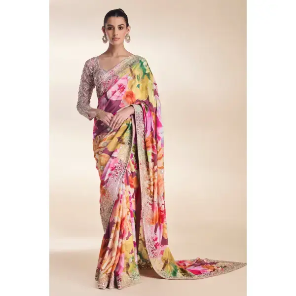 SEASONS-WINE PURPLE MULTI COLOURED PRINTED CLASSIC SAREE SET PAIRED WITH A ZARI EMBROIDERED PINK BLOUSE AND BORDER WITH SILVER AND SEQUINNED EMBELLISHMENTS.