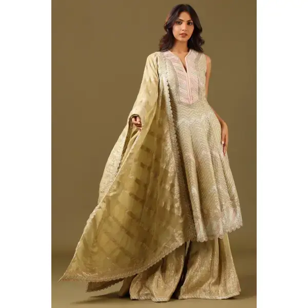SEASONS-MUSTARD LIME GREEN SHARARA PANT SET AND A LONG KURTA TOP WITH ALL OVER PATTERNED EMBROIDERY PAIRED WITH A MATCHING DUPATTA AND CRYSTAL EMBELLISHMENTS.