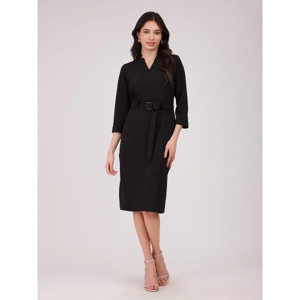 FableStreet-Panelled Sheath Dress - Black